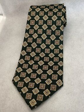 Fratello Handmade Tie Green Geometric Floral Pattern 100% Polyester Mens Necktie